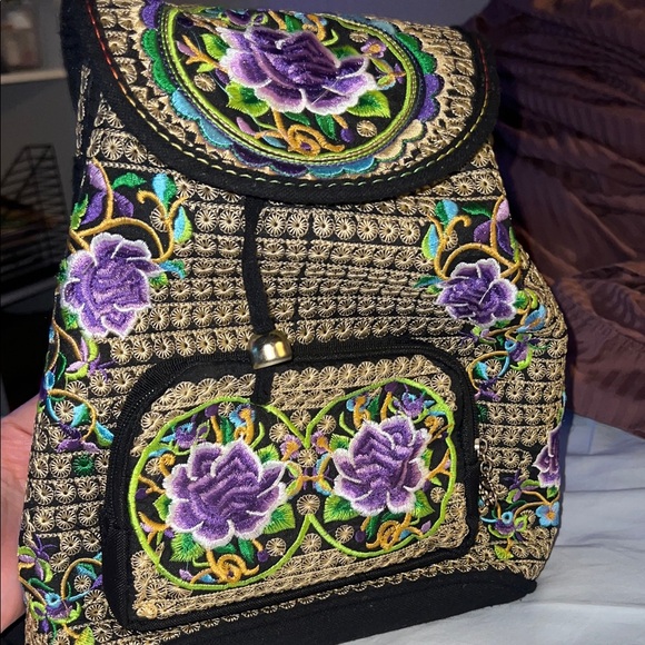 Handbags - Embroidered Black and Purple Women's Bag